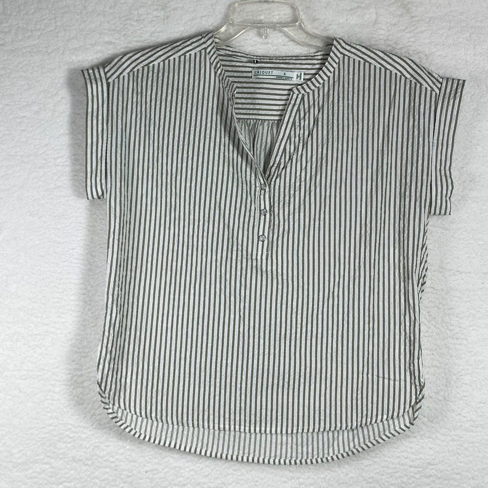 Criquet Striped Short Sleeve Blouse Olive Green White Seersucker Henley Small